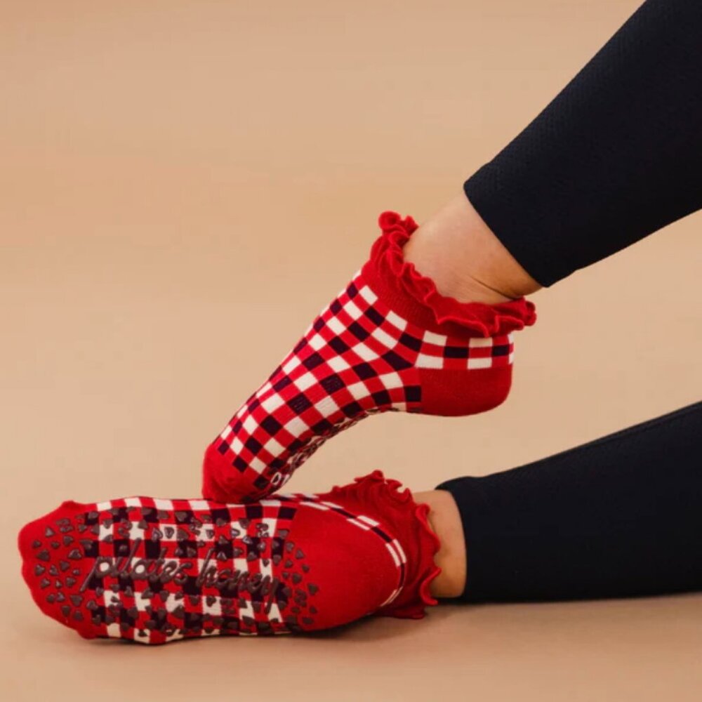 Pilates Honey Red Gingham Ruffle Ankle Grip Sock, S/M, NWOT